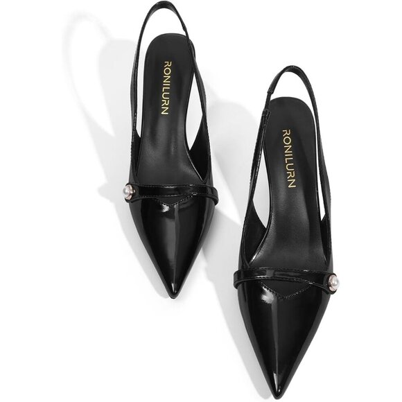 🆕Women Black Polyurethane Kitten Heels Slingback Pumps Pearl Toe - Picture 2 of 8
